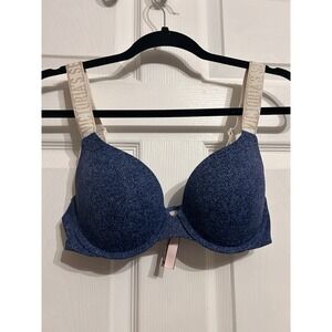 Victorias Secret 34C T-Shirt Bra Push-Up Full Coverage Thick Straps Blue Sparkle